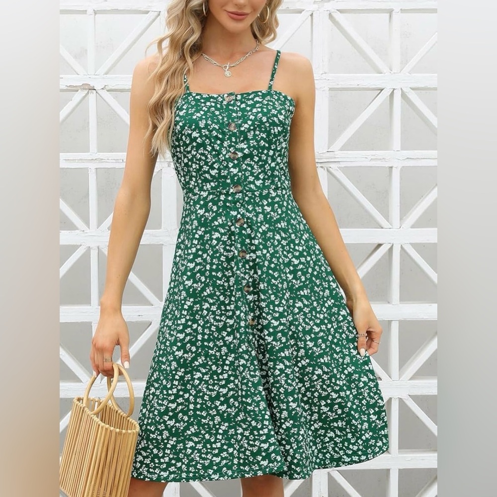 Berydress Beach Summer Sundress A-Line Spaghetti Strap Midi Dress Green Floral